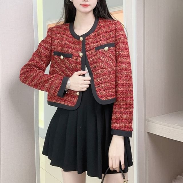 Woohan-Round Neck Contrast Trim Tweed Button Jacket