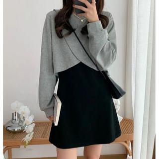 Sisyphi-Set Crew Neck Plain Asymmetrical Cropped Sweatshirt Sleeveless Mini A-Line Dress