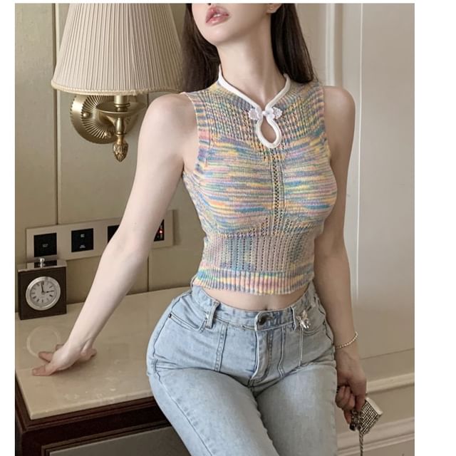 Whoosh-Melange Frog Button Crop Knit Tank Top