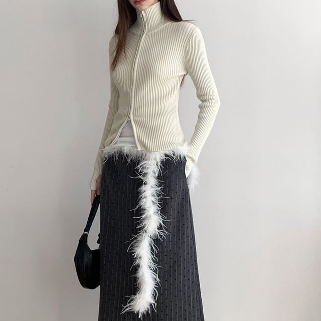 Striinkie-Stand Collar Plain Ribbed Zip Cardigan