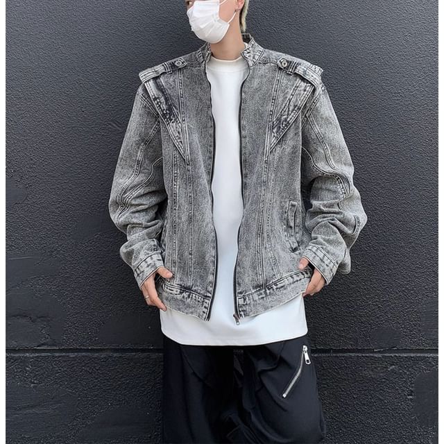 Plummie-Stand Collar Denim Zip-Up Jacket