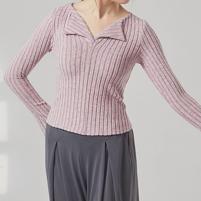Cossita-Flared-Sleeve V-Neck Plain Ribbed Knit Dance Top
