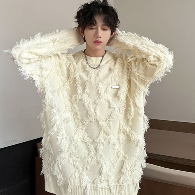 Freehop-Round Neck Plain Fringed Sweater
