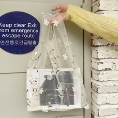 Leftsac - Floral Embroidered Mesh Tote Bag