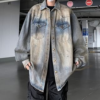 Trimecca-Collared Washed Button-Up Denim Jacket