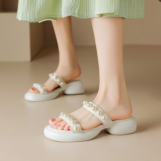 Freesia-Platform Faux Pearl Strap Slide Sandals