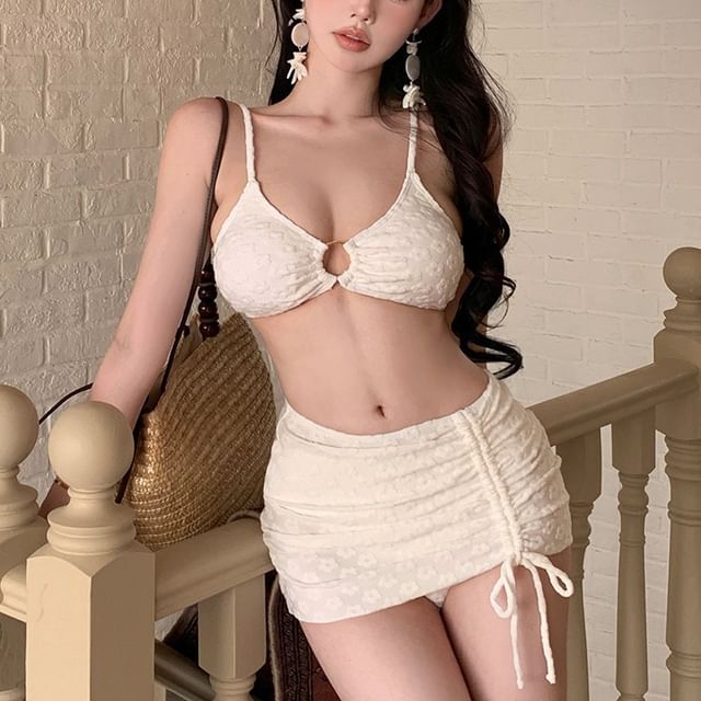 Maisee-Set Plain Bikini Top Swim Skirt