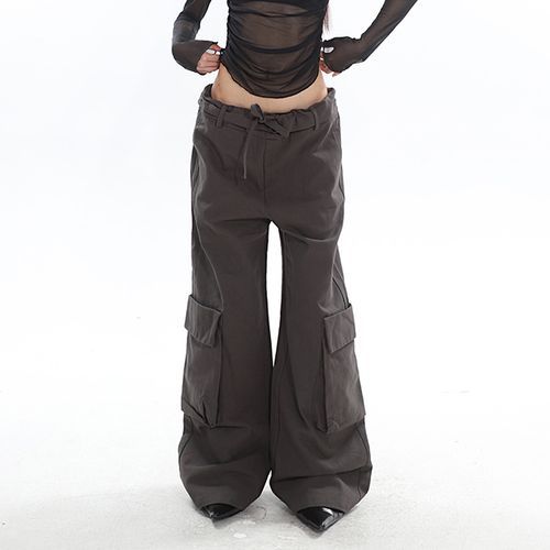 Low Rise Plain Wide Leg Cargo Pants