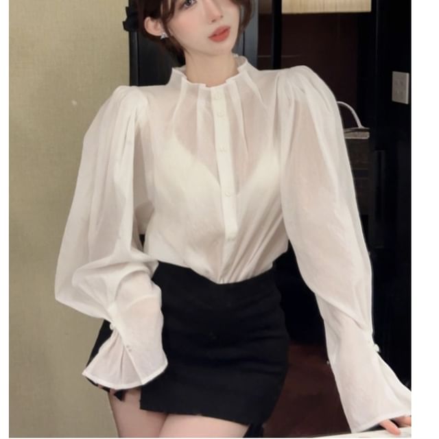 Whoosh-Long Sleeve Stand Collar Plain Chiffon Blouse