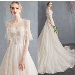 MSSBridal - Mesh Panel Short Sleeve Wedding Gown with Dress