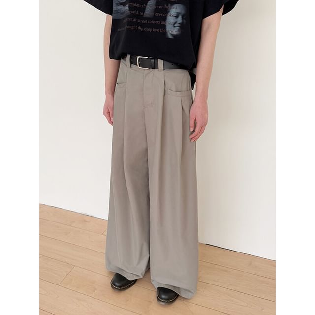 Omozando-Mid Rise Plain Pleated Wide Leg Pants