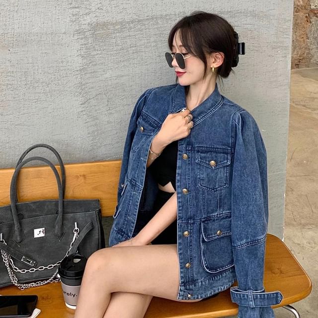 Magma-Stand Collar Button-Up Denim Jacket
