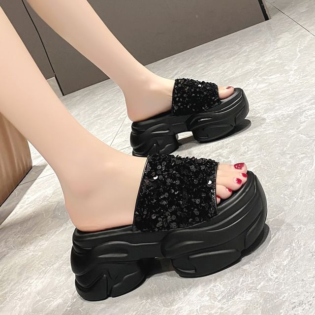 Sleeko-Sequin Platform Chunky Heel Slide Sandals