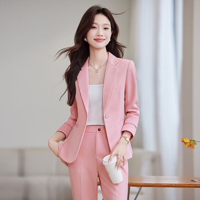 Skyheart-Notch Lapel One-Buttoned Plain Blazer Mid Rise Flared Suit Pants Set