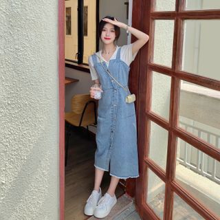 Guromo Short-Sleeve Ribbed Polo Shirt Midi Denim Jumper Dress