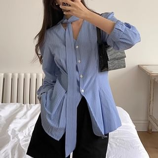 Coris-Long Sleeve V-Neck Striped Tie Front Blouse