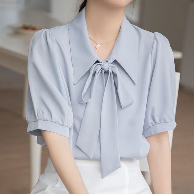 Dragan Pulse-Short-Sleeve Tie Neck Plain Blouse