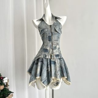 Yuxi Set: Halter Neck Collared Frayed Half-Zip Open Back Denim Mini A-Line Dress + Belt Sale