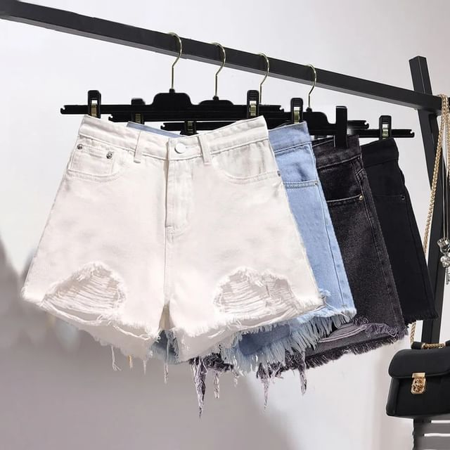 HYAKU-Distressed Washed Denim Shorts