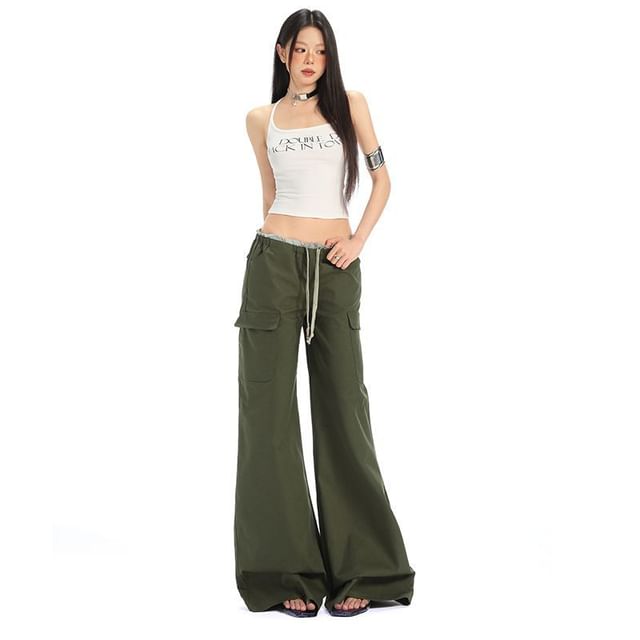 Denimot-Drawstring Waist Plain Flared Pants Various Designs