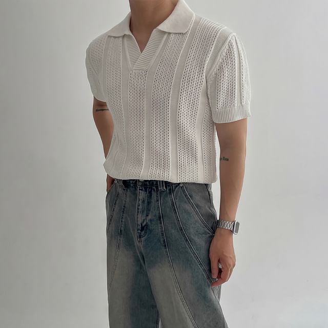 mopagrati-Short-Sleeve V-Neck Collared Plain Perforated Knit Top