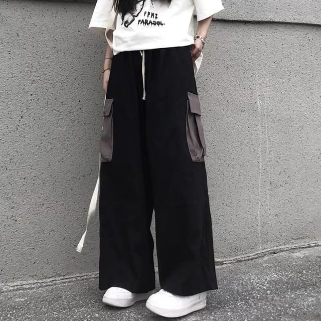 Sisyphi-High Waist Two Tone Wide Leg Cargo Pants