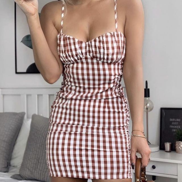 Gingham spaghetti shop strap dress