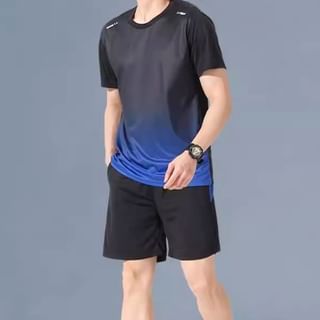Myanderthal-Set Short-Sleeve Crew Neck Gradient T-Shirt Drawstring Waist Wide Leg Shorts