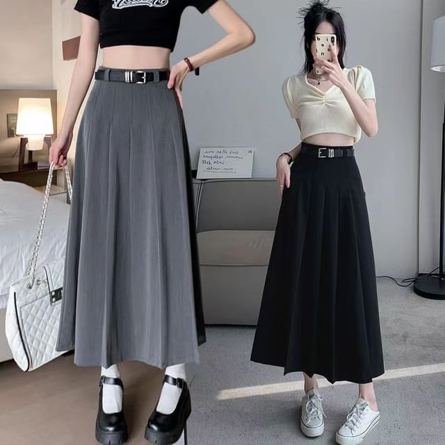 Everose-High Waist Plain Midi Pleated Skirt
