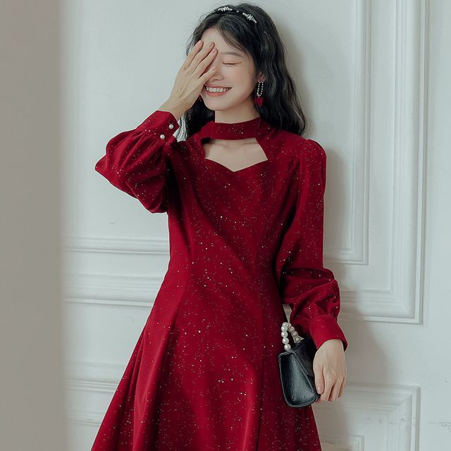 slim fit dress slacks Sequin Short Long Sleeve Dress by Amelia Couture BZ029S 2 / Royal Blue