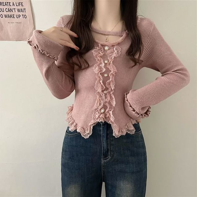 Faiar-Long Sleeve Ruffle Trim Pearl Button Up Sweater