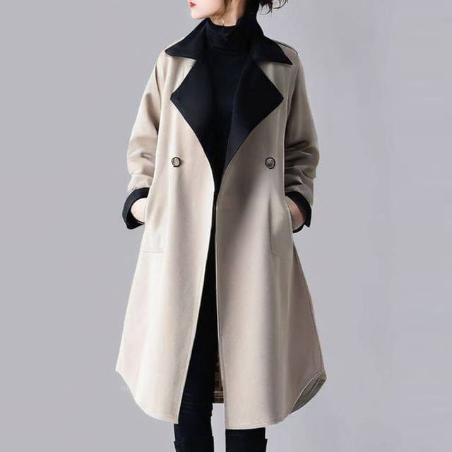 Supernova-Lapel Collar Two Tone Double-Breasted Long Trench Coat