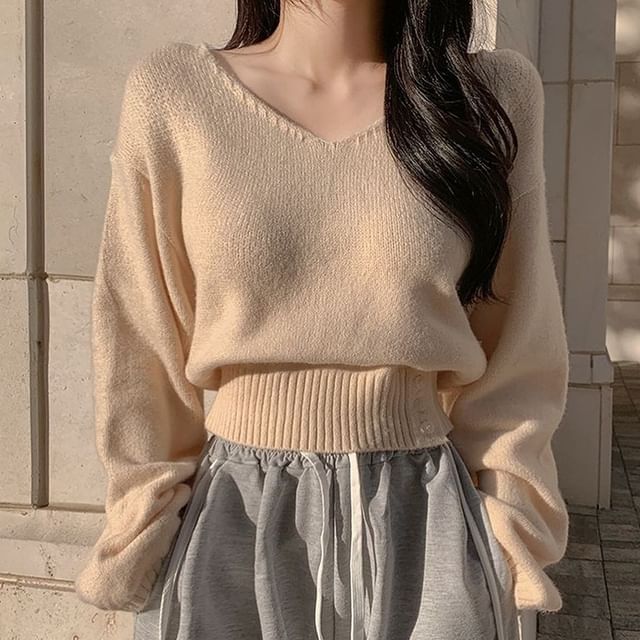 Coris-V-Neck Plain Cropped Sweater