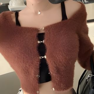 monroll Plain Fluffy Cropped Cardigan Camisole Top