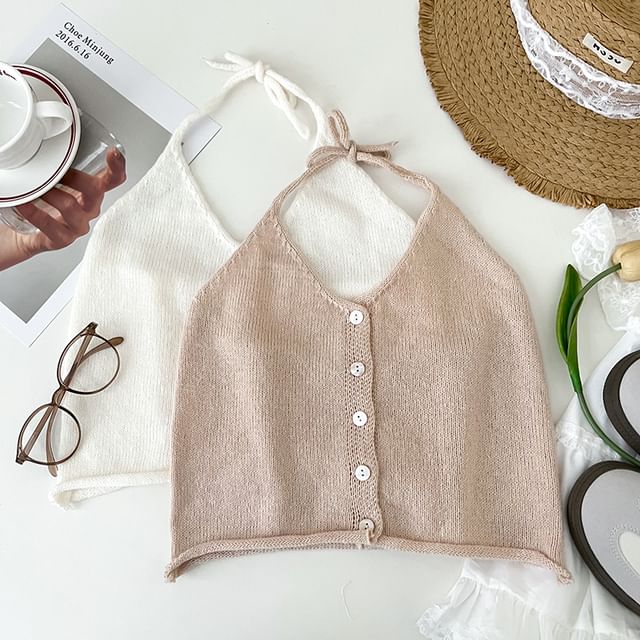 DIYI-Halter V-Neck Plain Button Knit Camisole Top