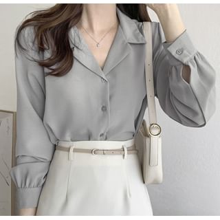 Maisee-Puff-Sleeve Plain Button-Up Blouse