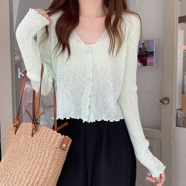 Cossita-V-Neck Plain Ruffle Trim Light Cardigan
