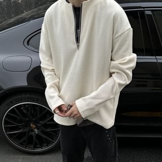 Lefitt-Long Sleeve Crew Neck Plain Half Zip Ribbed Top