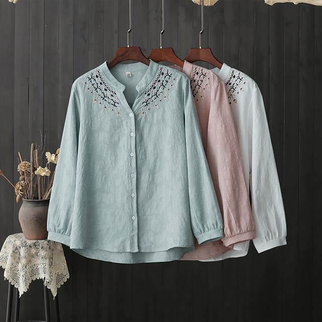 Supernova-Long Sleeve Band Collar Embroidered Blouse