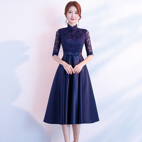 mandarin collar prom dress Illusion Neck Floral Embroidery Cheongsam Top Chinese Prom Dress with Pleated Skirt Khaki / XS