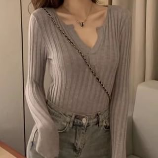 Dragan Pulse-Long-Sleeve Notch Neck Ribbed Knit Top