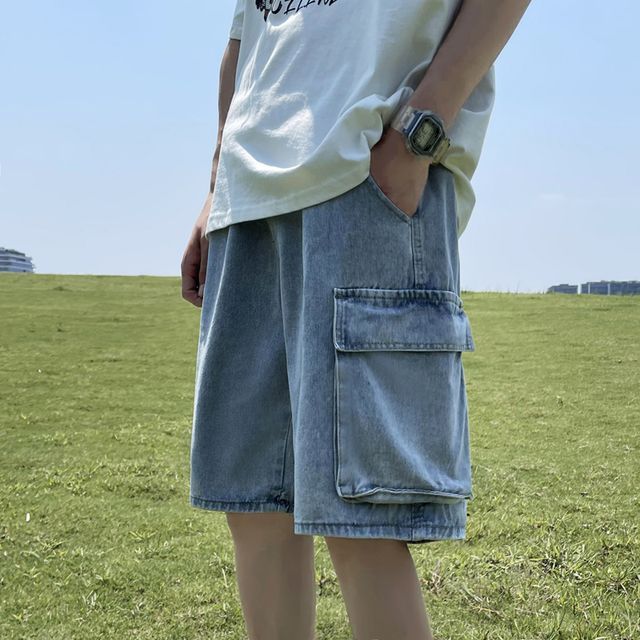 Trimecca-Mid Rise Washed Denim Cargo Shorts