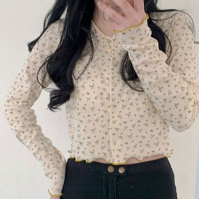 Glotto-Floral Printed Long-Sleeve Crop Top