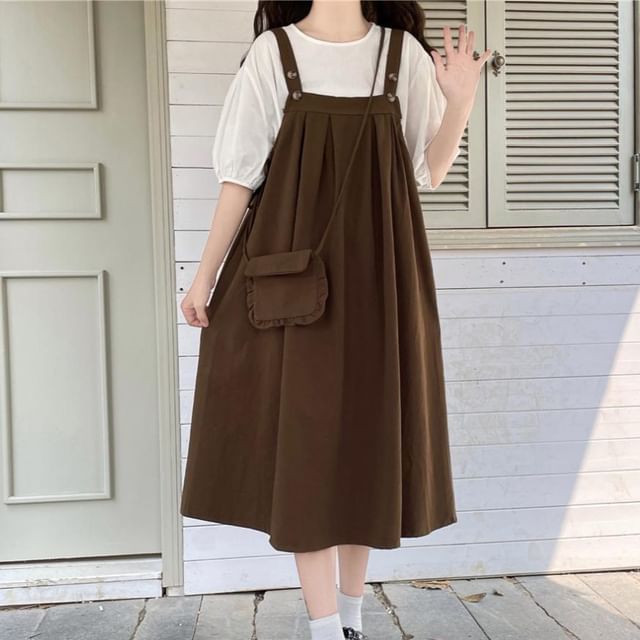 Sisyphi-Elbow-Sleeve Collared Plain Blouse Plain Midi A-Line Pinafore Dress Crossbody Bag Set
