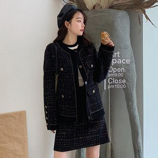 Jinyo - Set: Tweed Jacket + Mini Tweed Skirt | YesStyle