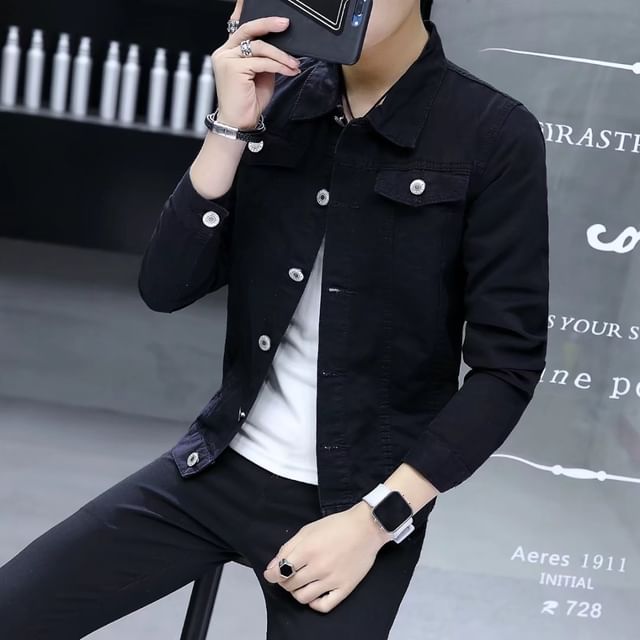 Wescosso-Plain Denim Single-Breasted Jacket