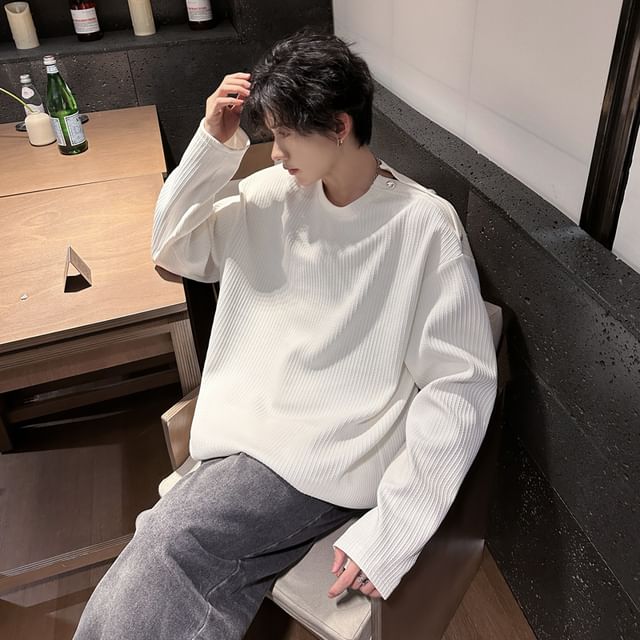 Freehop-Long-Sleeve Crew Neck Plain Buttoned T-Shirt