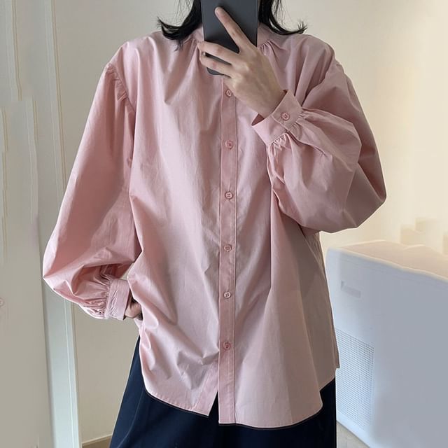 Sienne-Puff-Sleeve Plain Button-Up Shirt