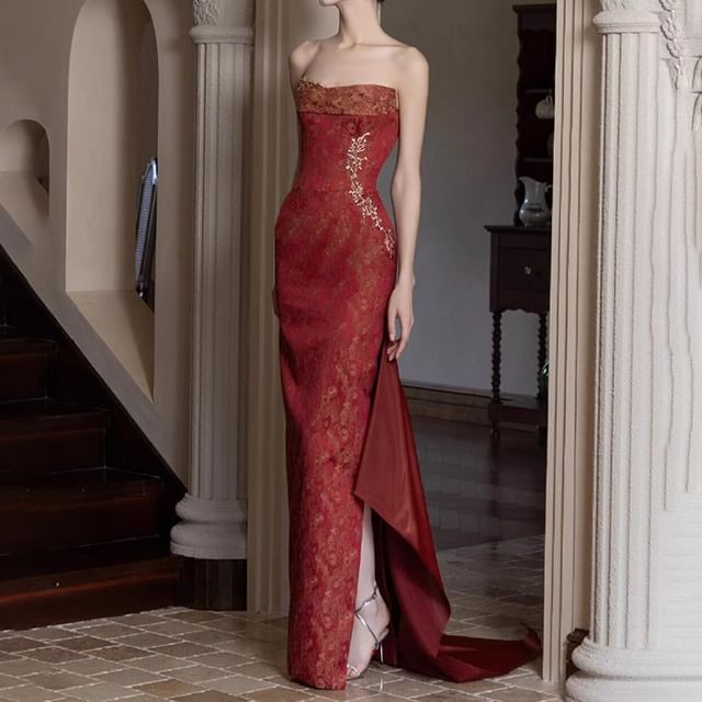 Fioridi-Strapless Patterned Side-Slit Sheath Evening Gown