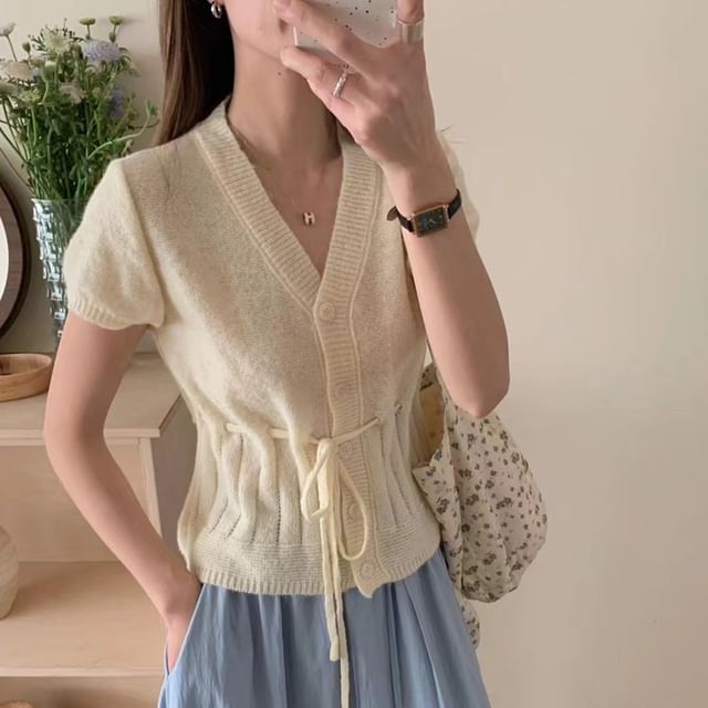 INEN-Short-Sleeve V-Neck Plain Button Up Knit Top